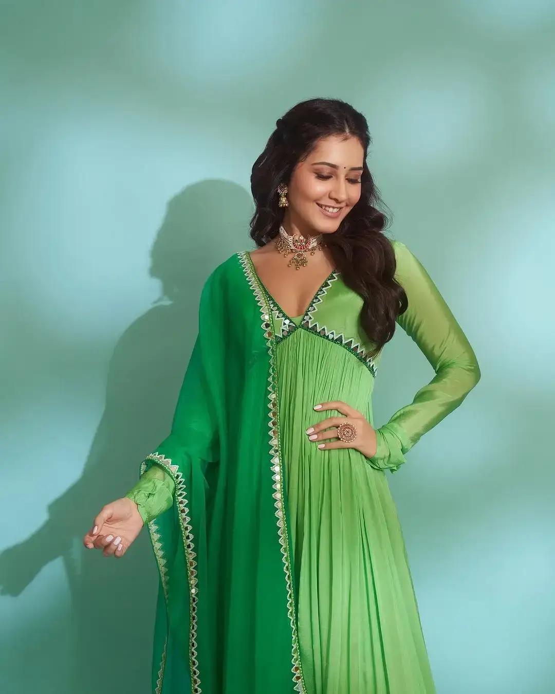 Indian Actress Raashi Khanna in Embroidered Green Dress